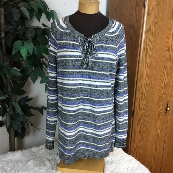 Ruff Hewn XL lace up tie front long sleeve sweater black blue white - Picture 1 of 12